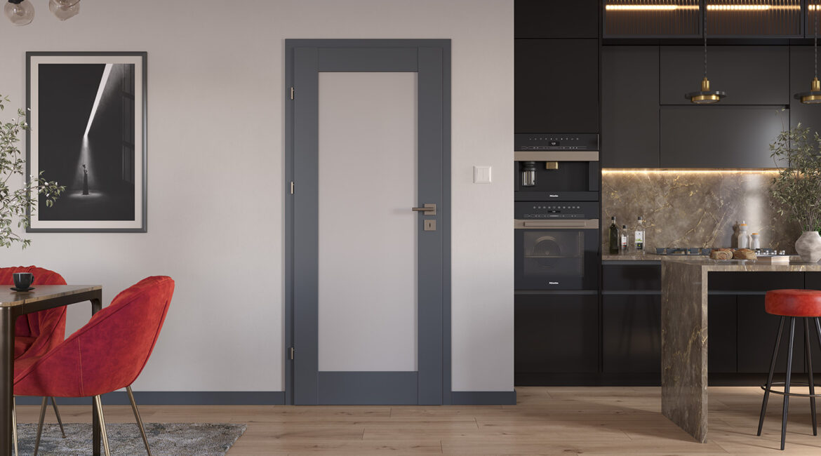 Przeszklone drzwi wewnętrzne Cherry marki Sentis w nowoczesnym, jasnym wnętrzu, przepuszczające naturalne światło i podkreślające harmonijną aranżację.